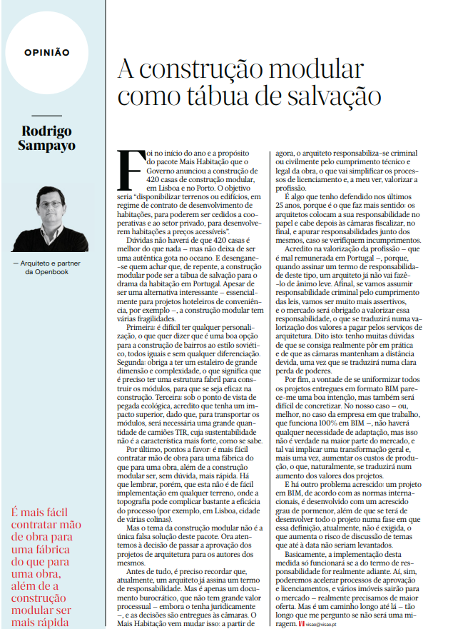 Modular construction as a lifeline with Rodrigo Sampayo in Visão magazine